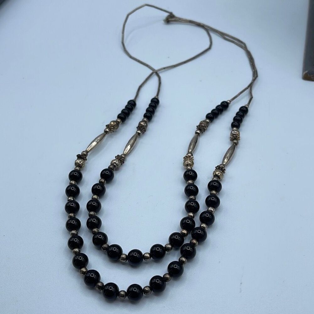 Silver and black glass vintageβdouble strand boho festival necklace